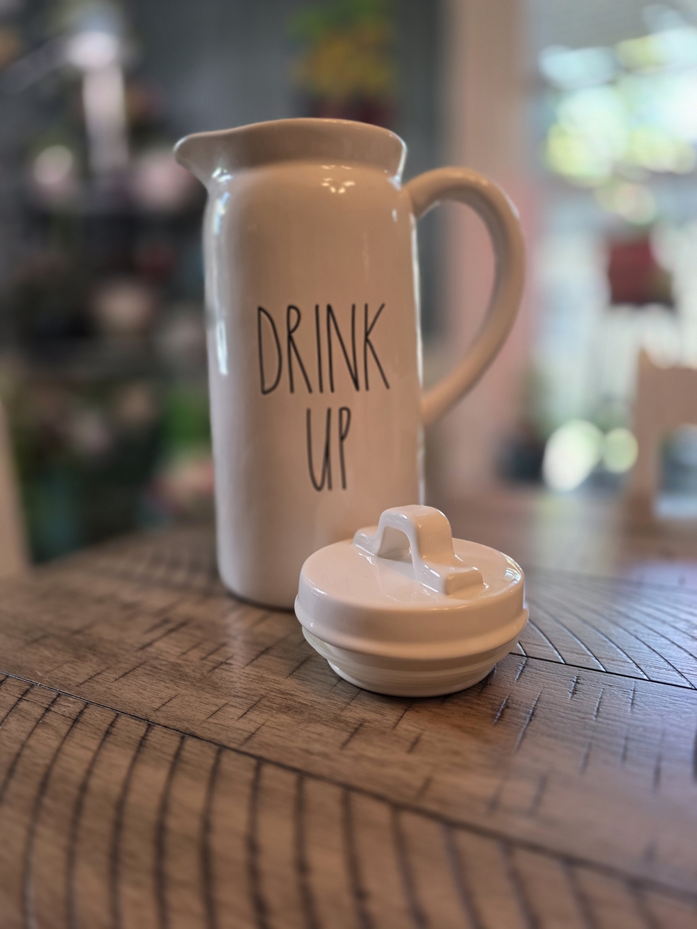 Rae DUNN White Ceramic Pitcher with 'Drink Up' Pitcher- Home Dining